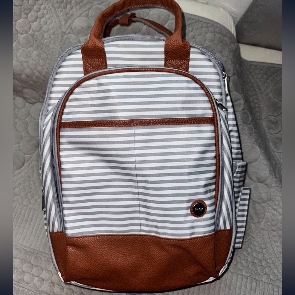 Stylish Gray Striped Baby Bag with Brown Trim